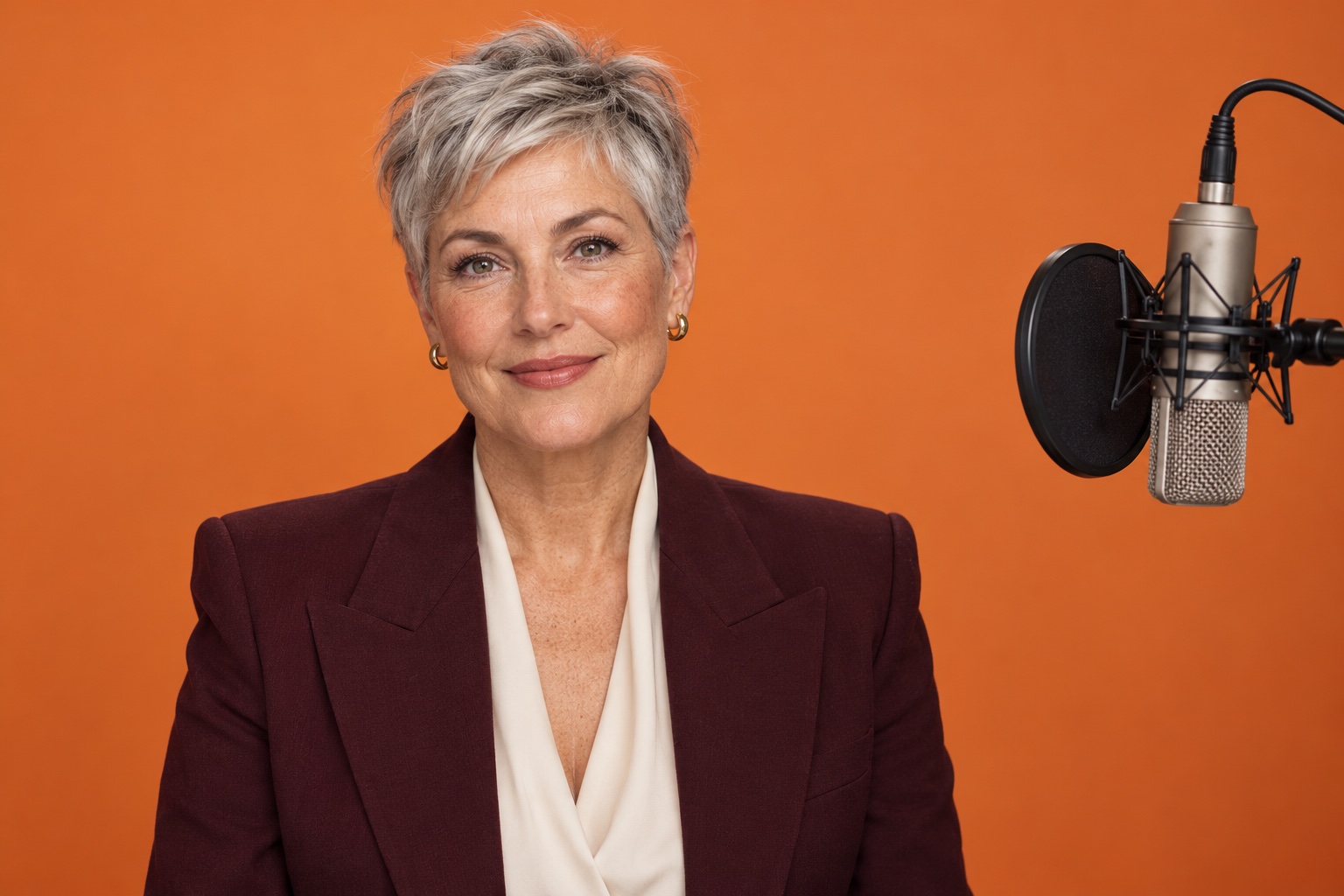 Editorial concept of a silver-haired performer with a clearly visible face and a microphone positioned to one side
