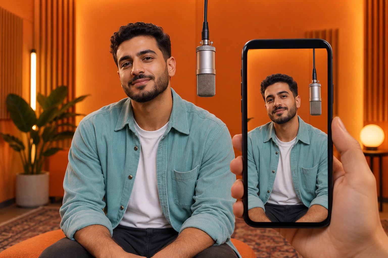 Editorial concept of a performer and suspended microphone shown inside a vertical phone frame