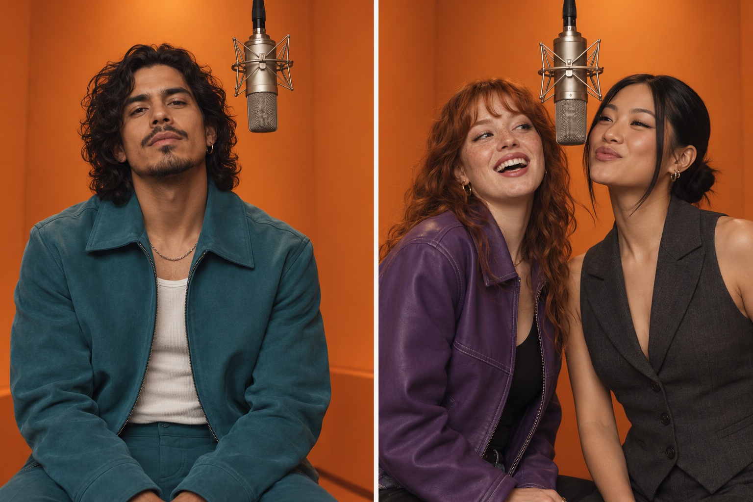Editorial comparison of one performer on the left and two performers sharing a microphone on the right