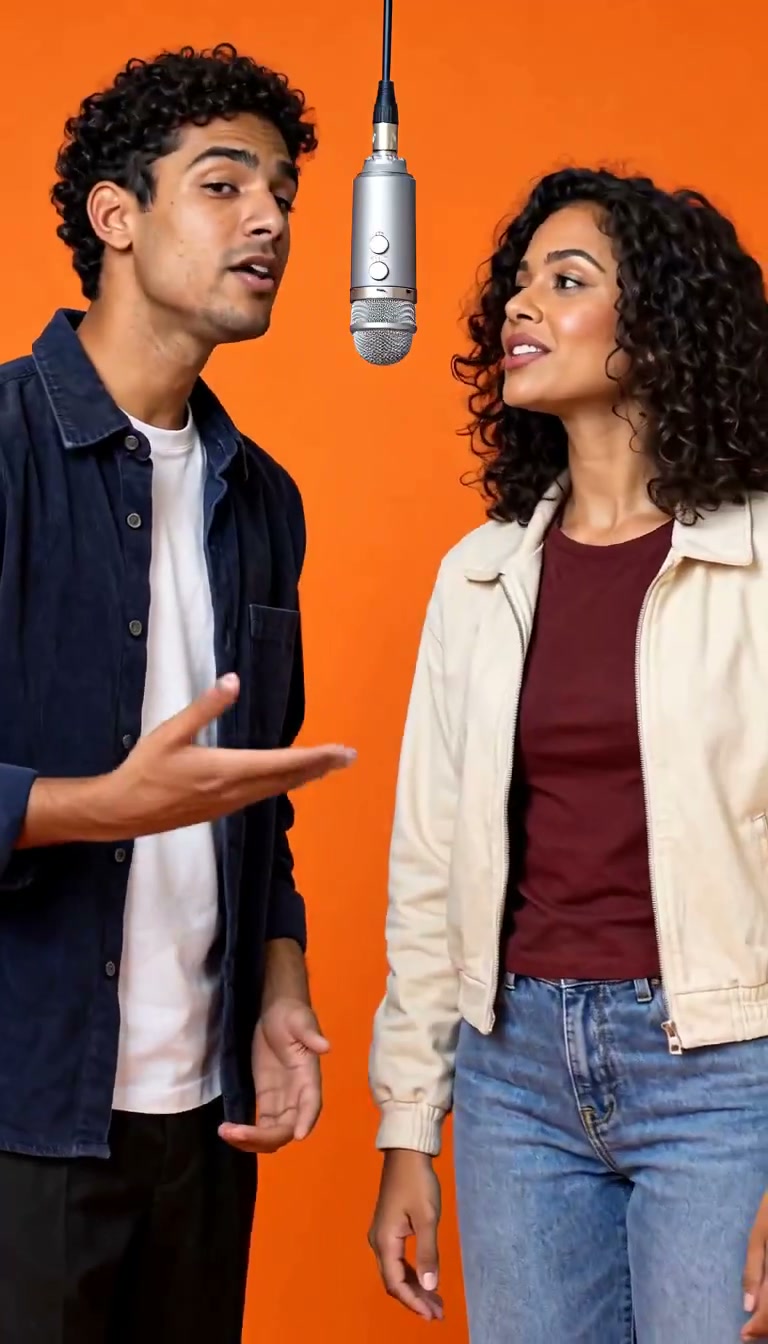 First Hotel Lobby AI Duo take at eleven seconds, showing the left performer gesturing beside the microphone