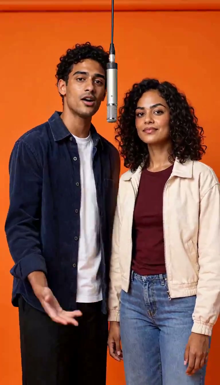 Four-second frame from a real Hotel Lobby AI Duo output showing two distinct outfits and a suspended microphone