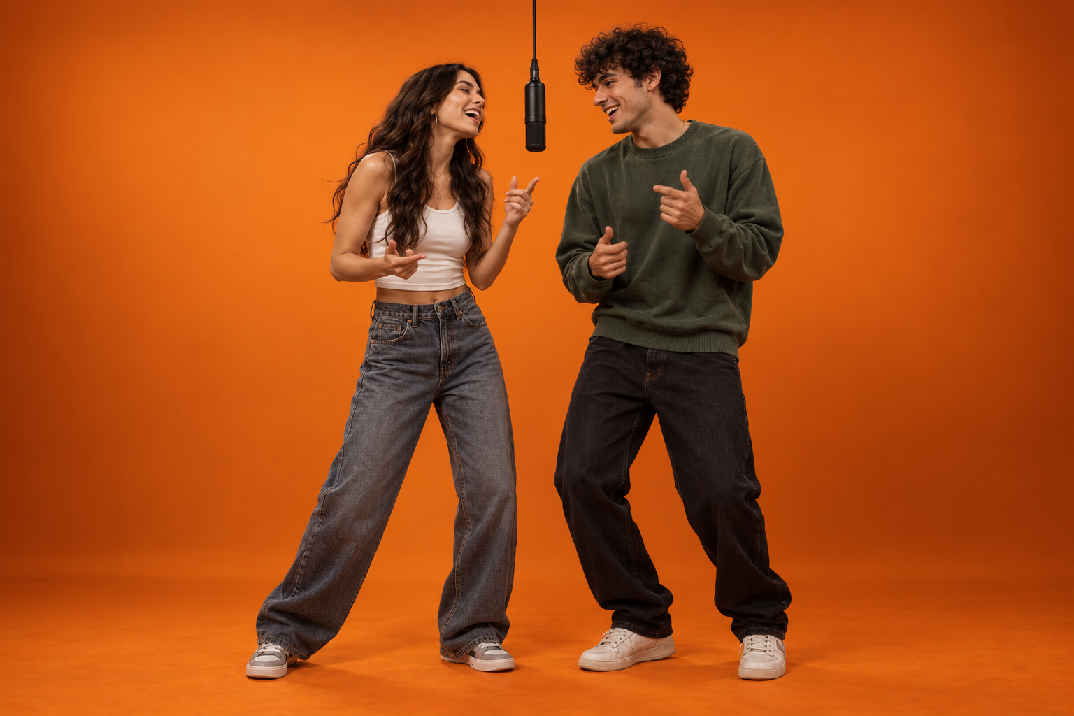 Two performers in contrasting light and dark outfits share a suspended microphone on an orange stage